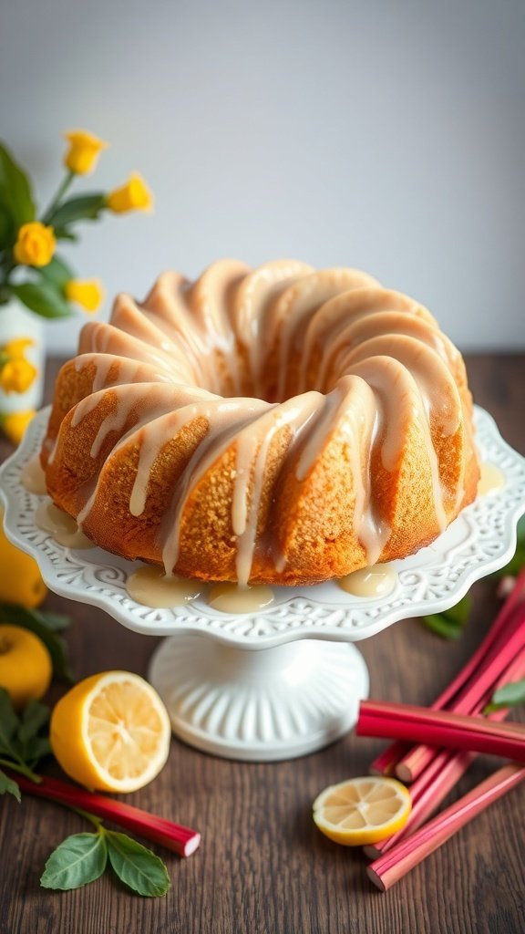 Lemon-Infused Rhubarb Bundt Cake on a white pedestal with fresh lemons and rhubarb