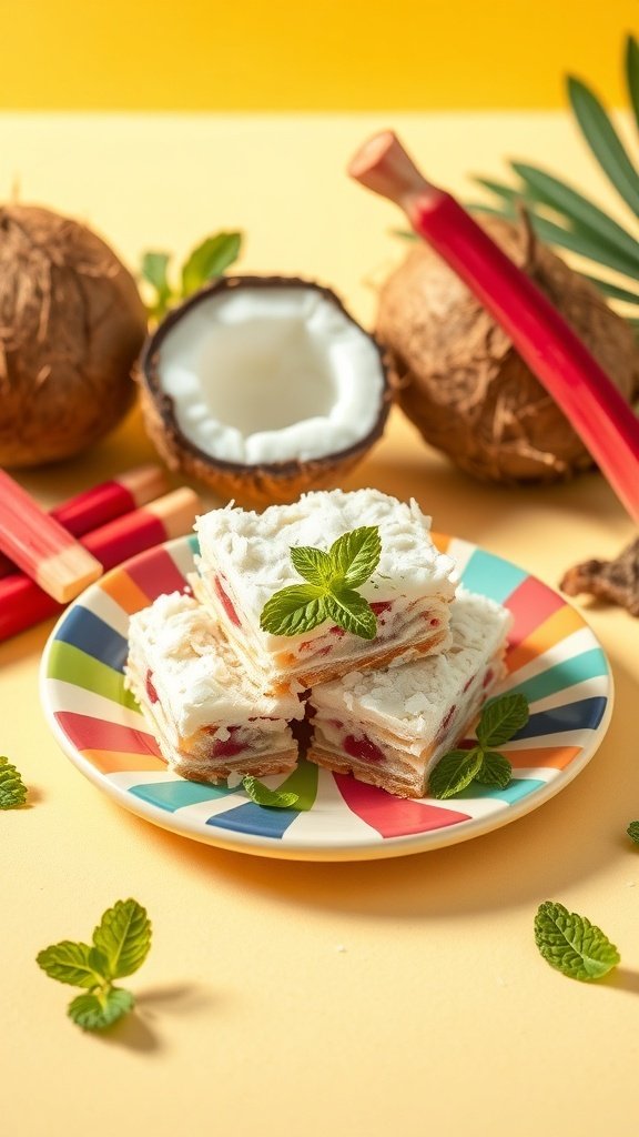 Creamy coconut rhubarb bars on a colorful plate with fresh rhubarb and coconuts in the background.