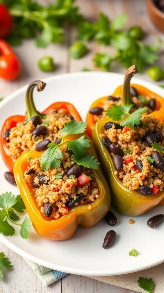 Stuffed bell peppers filled with quinoa and black beans, garnished with cilantro.