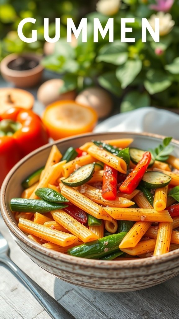 A bowl of grilled vegetable penne pasta with zucchini, bell peppers, and green beans, set against a garden backdrop.