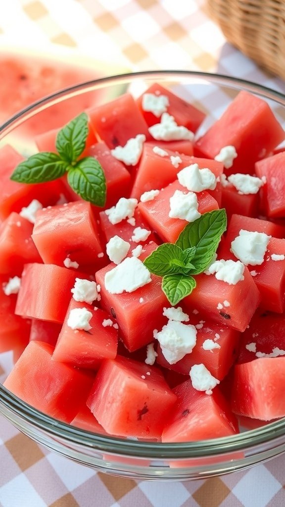A bowl of watermelon feta salad with mint leaves on top.