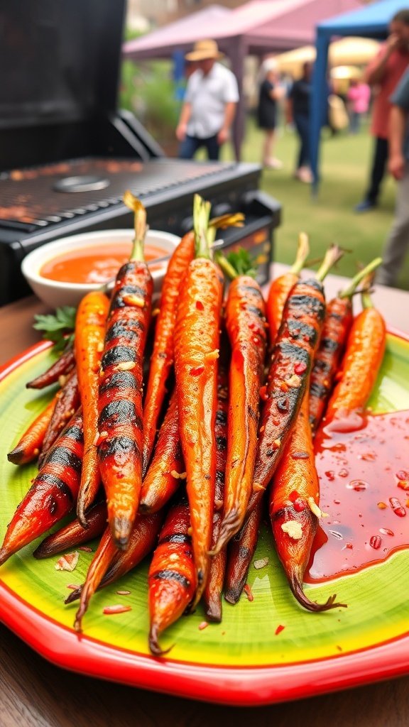 A plate of spicy grilled carrots with chili flakes, garnished with parsley, served with a dipping sauce.