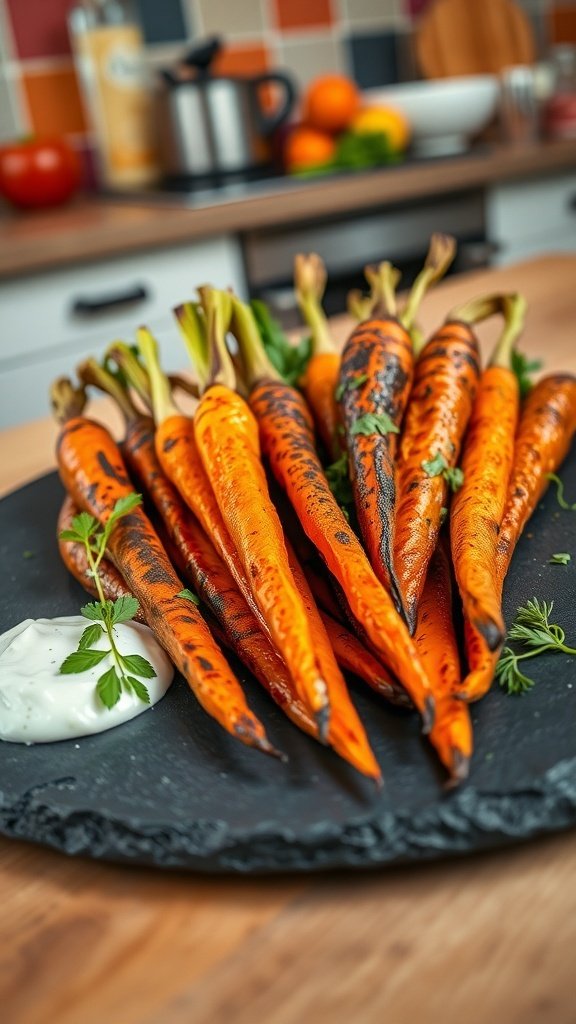 Grilled carrots with cumin and coriander on a slate plate with a creamy dip