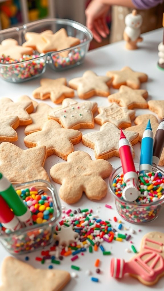 A cookie decorating station with star-shaped cookies, colorful icing tubes, and sprinkles.