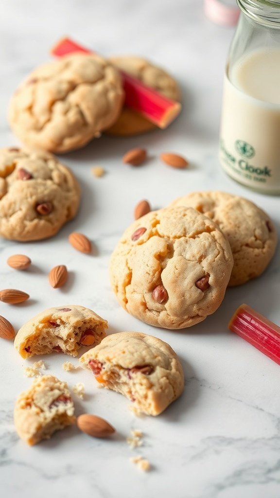 Delicious rhubarb almond flour cookies with almonds and a glass of milk