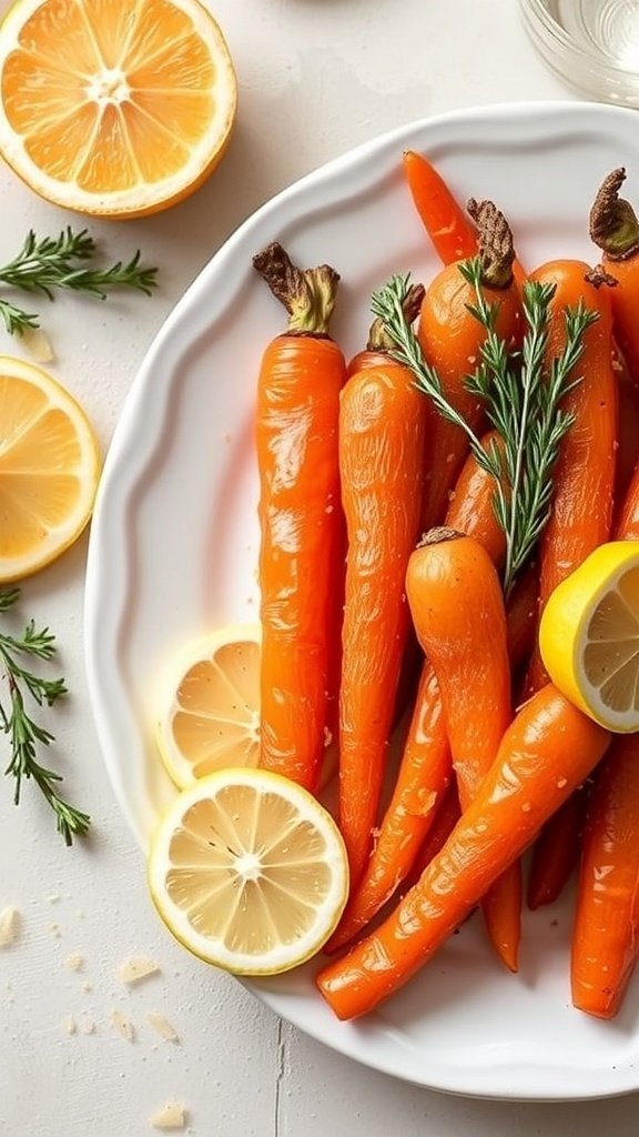 A plate of candied carrots garnished with lemon slices and thyme