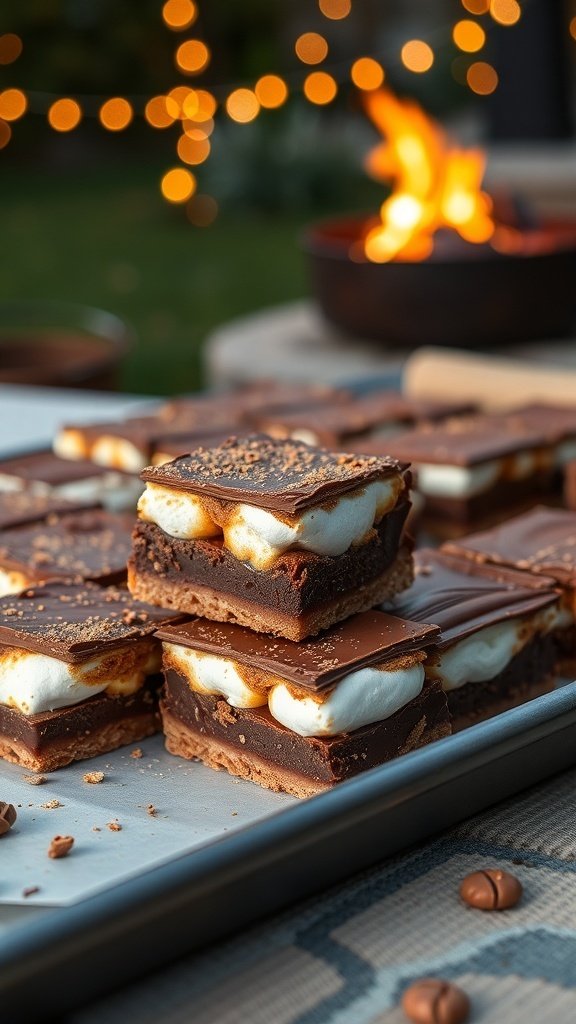 Delicious S'mores bars stacked on a tray with a warm fire in the background.