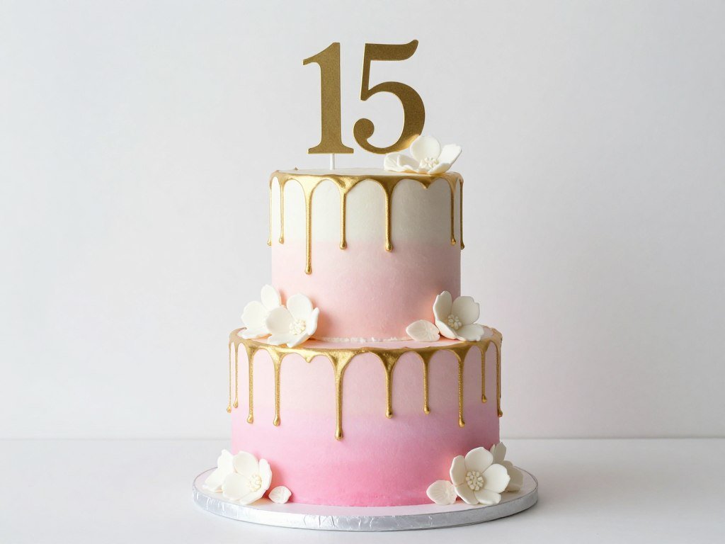 15th birthday cake with ombre pink frosting and gold details 15th birthday cake with ombre pink frosting and gold details