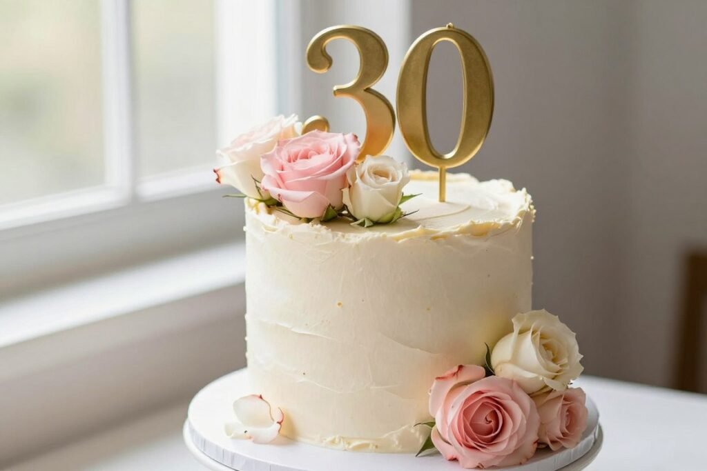 30th birthday cake with cascading fresh roses in pink and cream tones