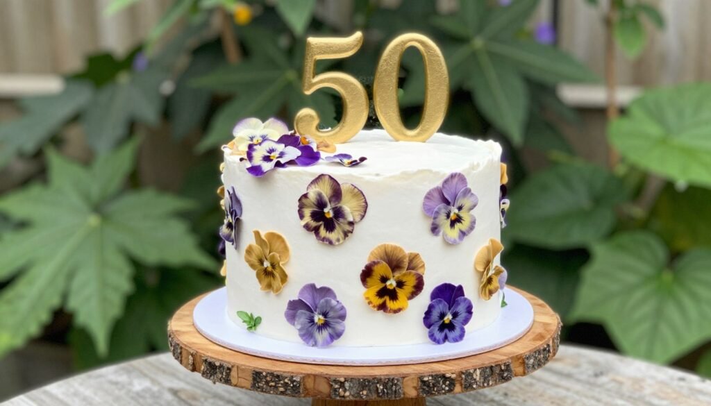 50th birthday cake decorated with edible flowers in purple and gold