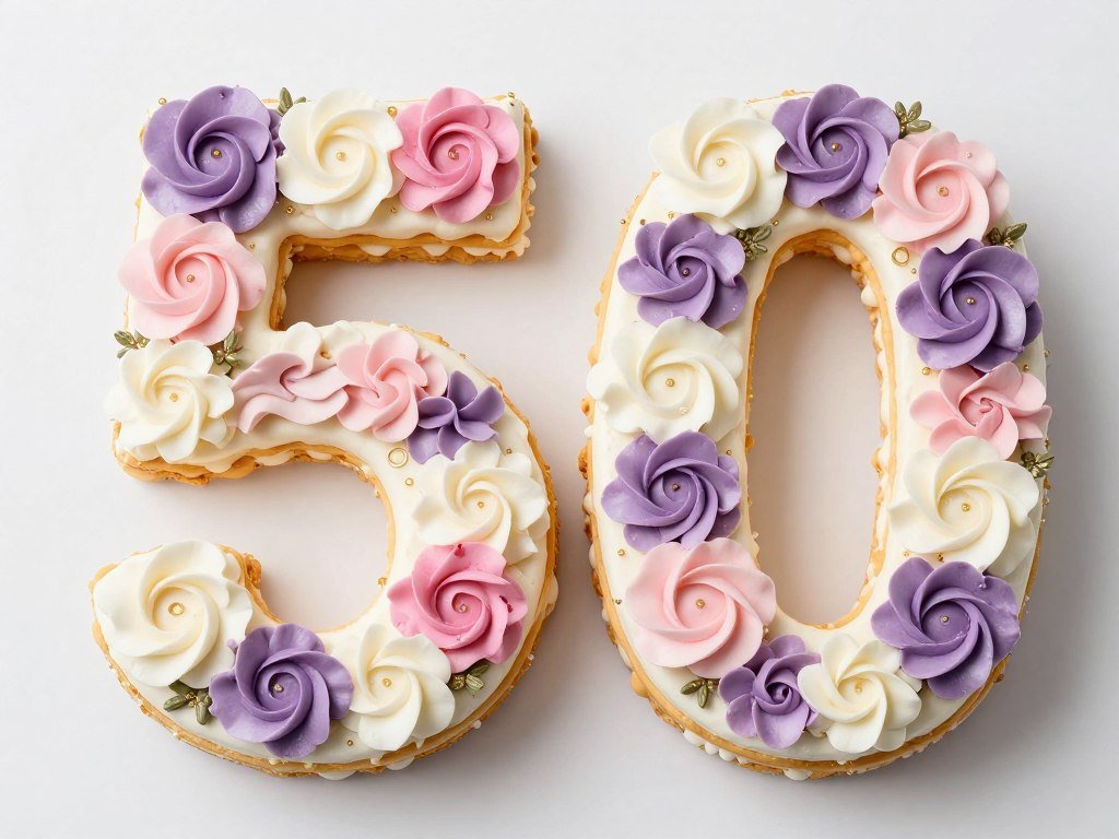 50th birthday cake shaped like the number 50 with floral decorations