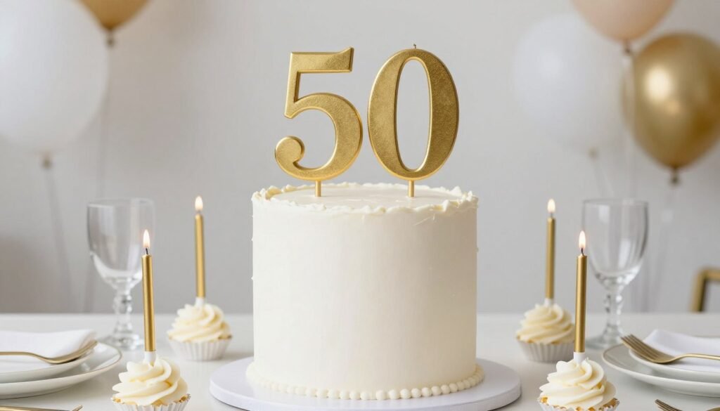 50th birthday cake with elegant gold number topper and candles