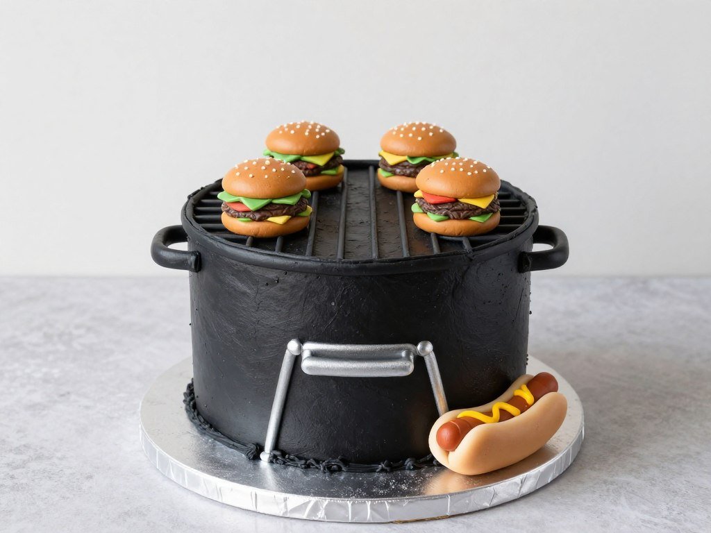 BBQ grill themed birthday cake with fondant details