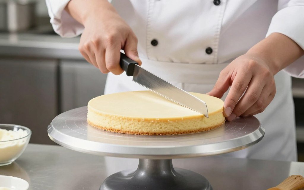 Baker leveling cake layers with serrated knife