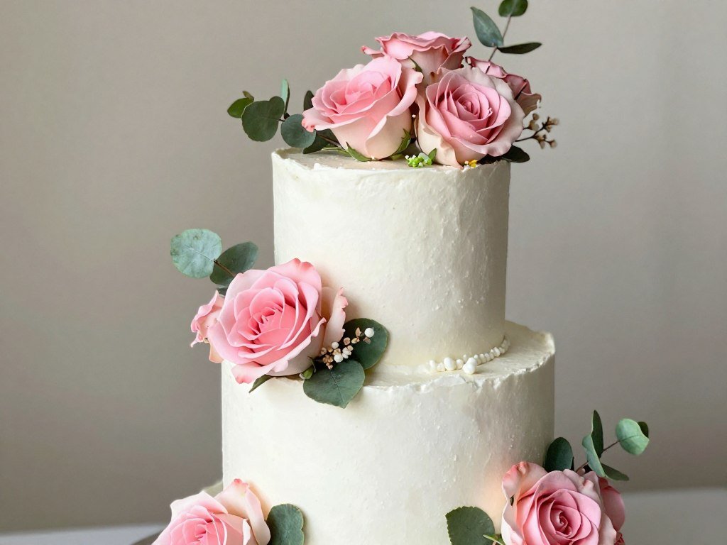 Beautiful floral cake with pink roses and greenery for baby girl birthday Beautiful floral cake with pink roses and greenery for baby girl birthday