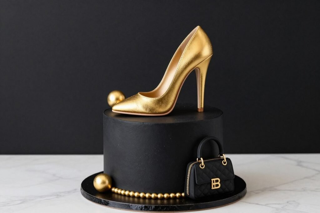 Black birthday cake decorated with gold stiletto heel and fashion elements Black birthday cake decorated with gold stiletto heel and fashion elements