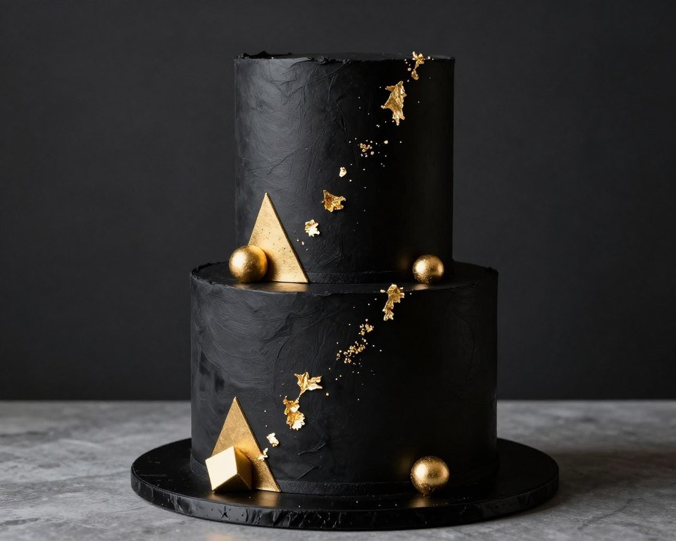 Black birthday cake for men with gold leaf accents
