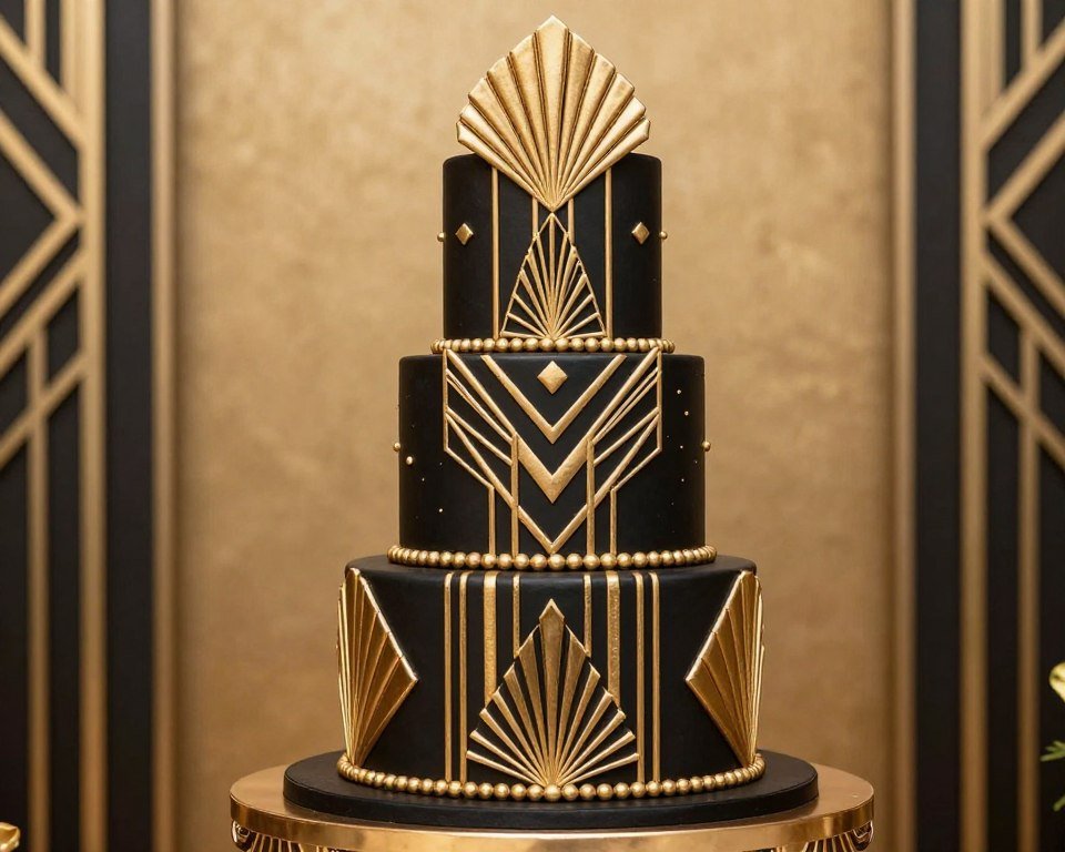 Black birthday cake with geometric art deco gold patterns Black birthday cake with geometric art deco gold patterns