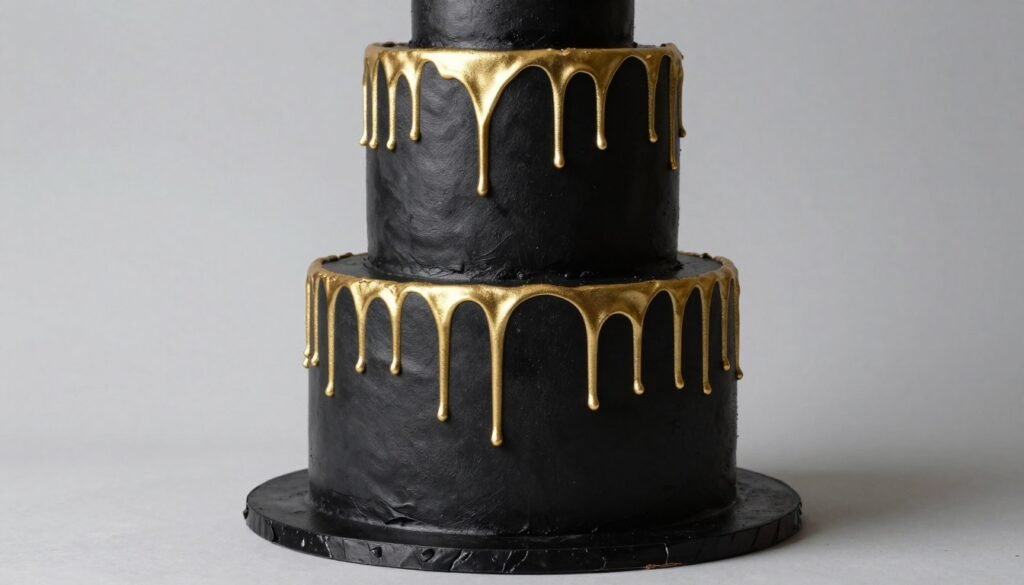 Black birthday cake with gold drip effect cascading down tiers Black birthday cake with gold drip effect cascading down tiers