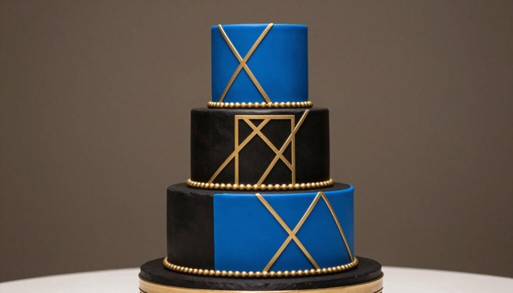 Black birthday cake with royal blue accents and gold details Black birthday cake with royal blue accents and gold details