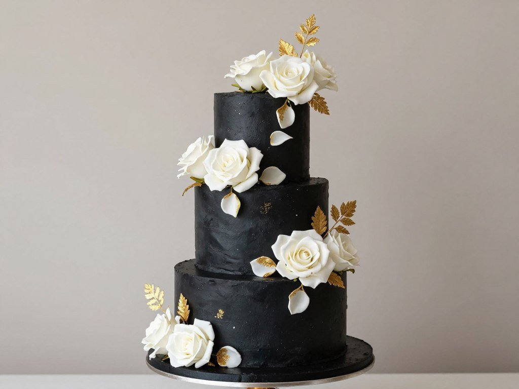 Black cake adorned with white and gold sugar roses Black cake adorned with white and gold sugar roses