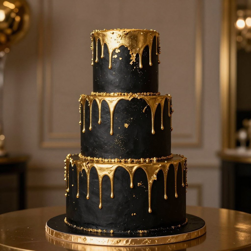 Black cake decorated with metallic gold leaf and gold accents Black cake decorated with metallic gold leaf and gold accents