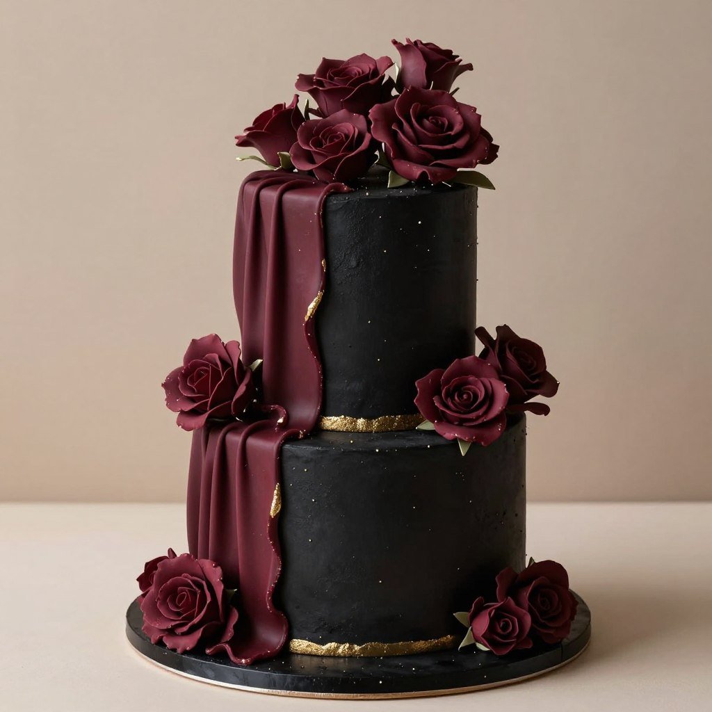 Black cake with burgundy sugar roses and wine-colored accents Black cake with burgundy sugar roses and wine-colored accents