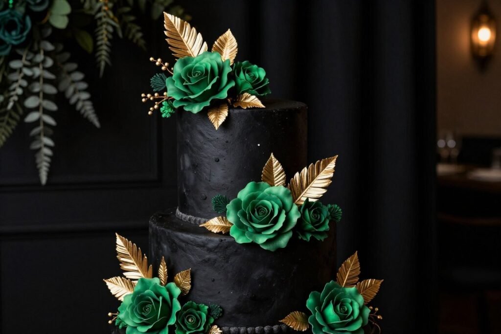 Black cake with emerald green sugar flowers and gold accents Black cake with emerald green sugar flowers and gold accents