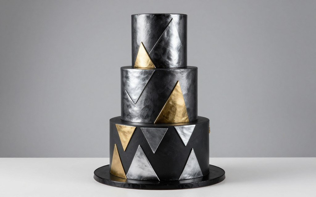 Black cake with metallic silver patterns and mixed metal accents Black cake with metallic silver patterns and mixed metal accents
