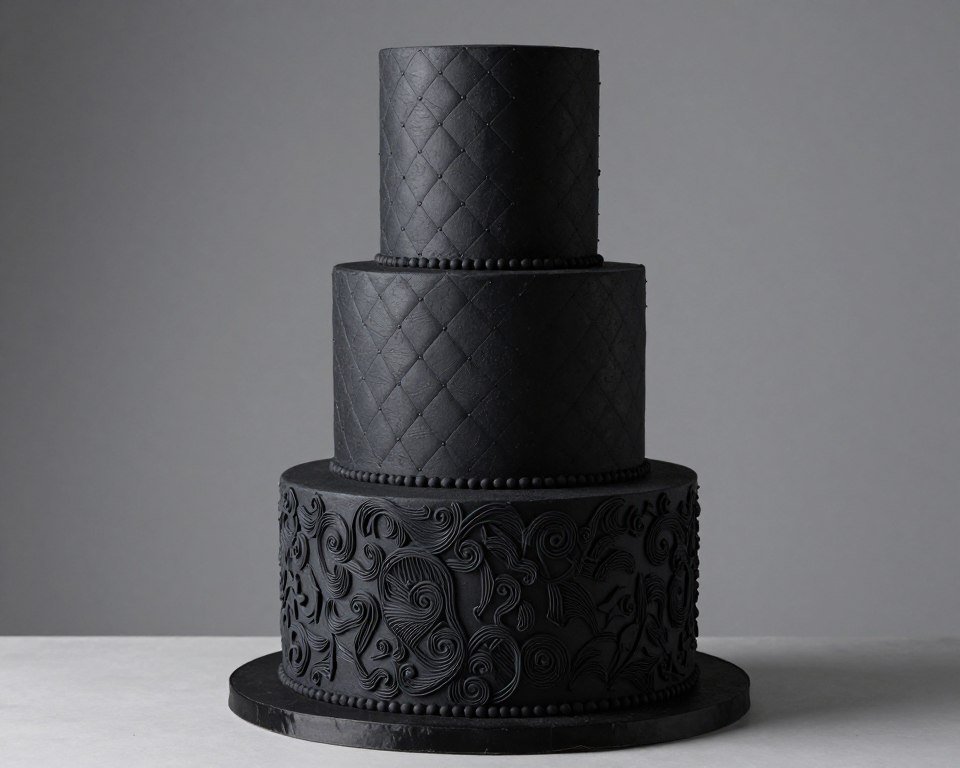 Black cake with textured fondant and dimensional patterns Black cake with textured fondant and dimensional patterns