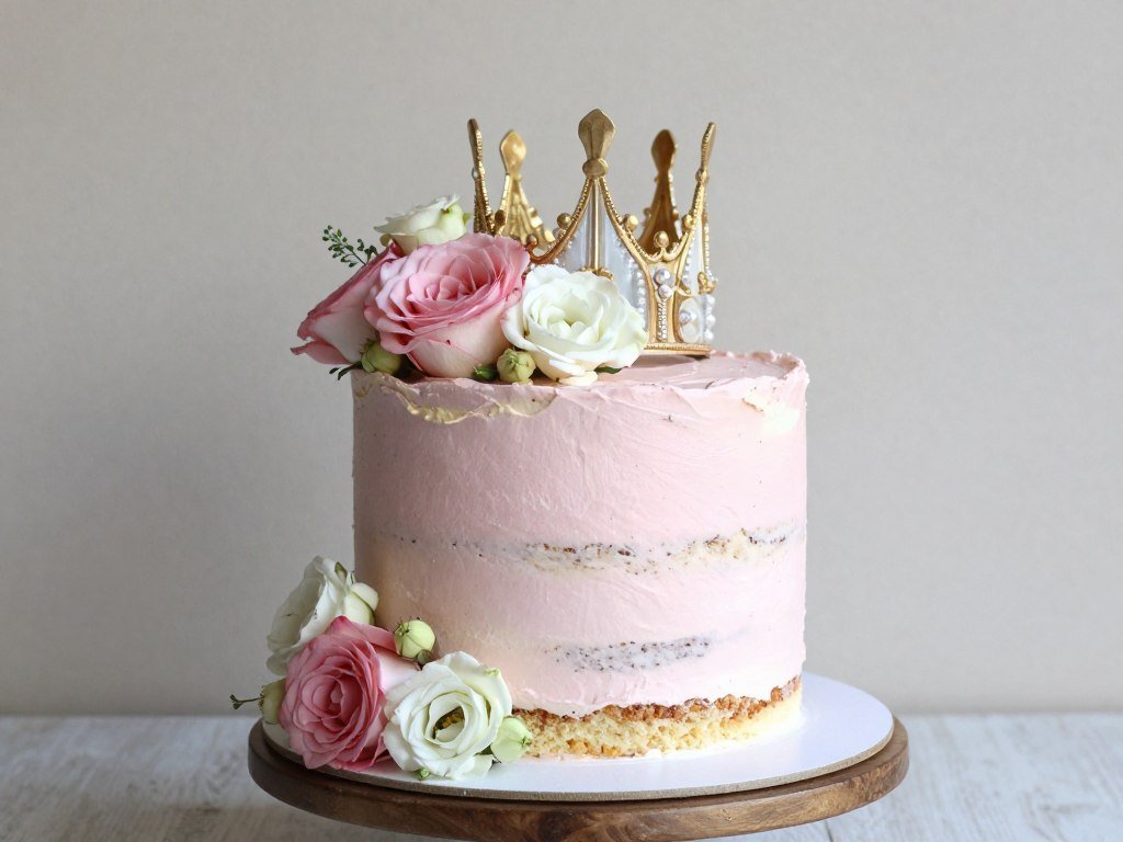 Blush pink naked cake with fresh flowers and princess crown Blush pink naked cake with fresh flowers and princess crown