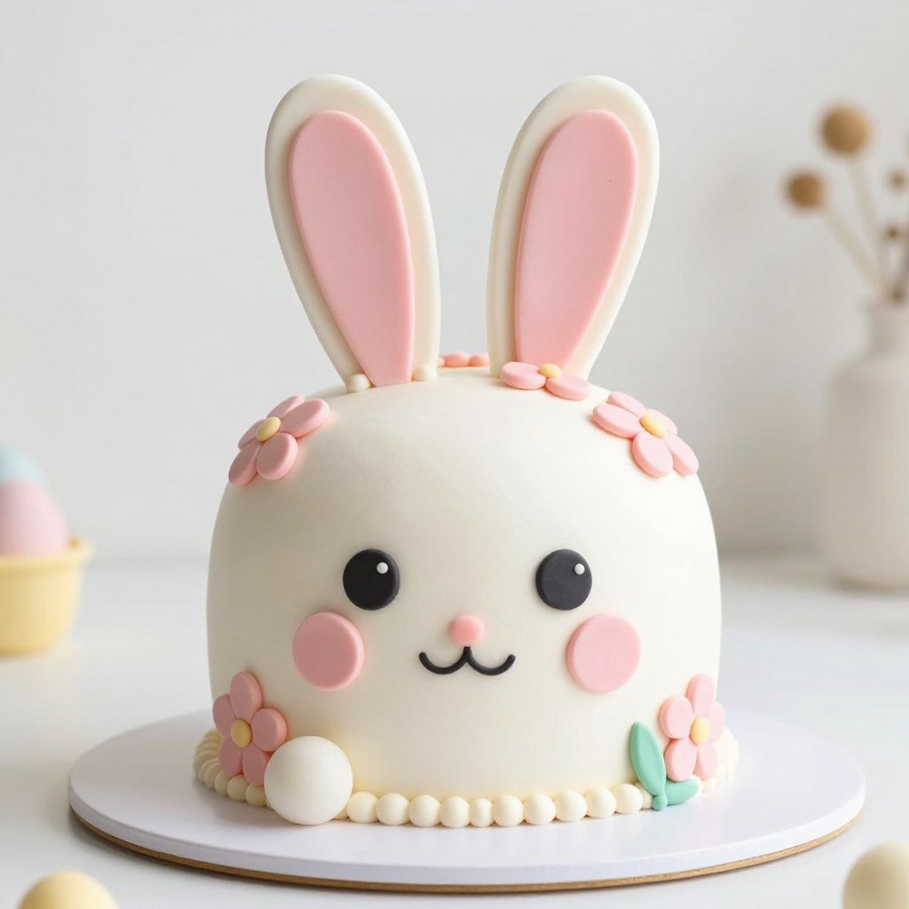 Bunny rabbit cake with pink ears and flowers Bunny rabbit cake with pink ears and flowers