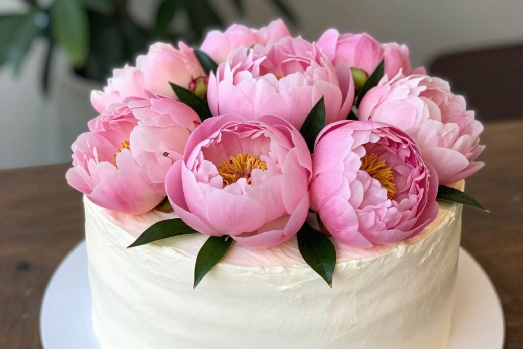 Buttercream cake with fresh peony flowers on top Buttercream cake with fresh peony flowers on top