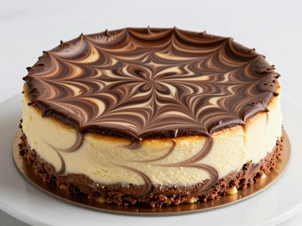 Chocolate marble cheesecake with decorative swirls