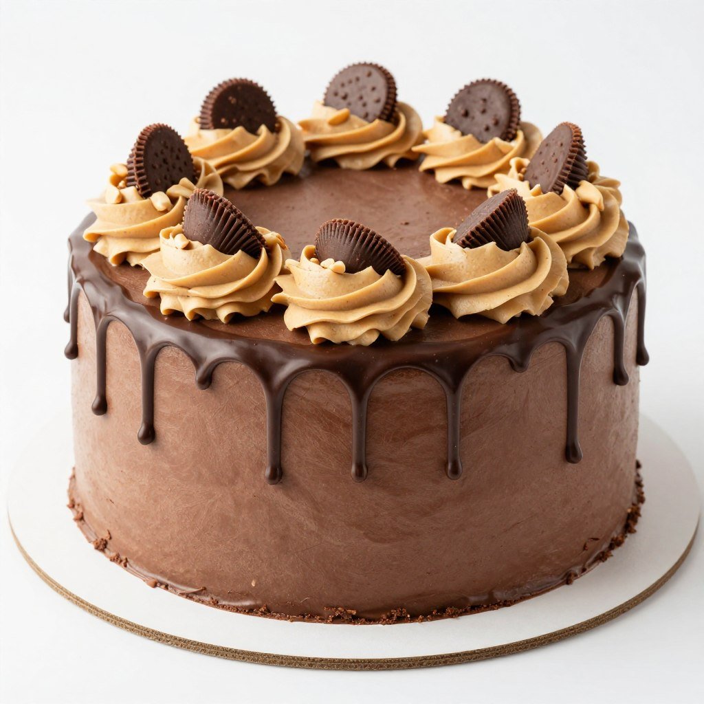 Chocolate peanut butter layer cake with swirled frosting