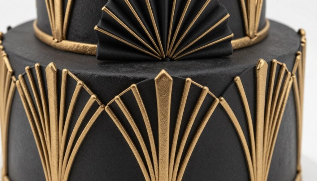 Close-up of gold art deco patterns on black fondant cake Close-up of gold art deco patterns on black fondant cake