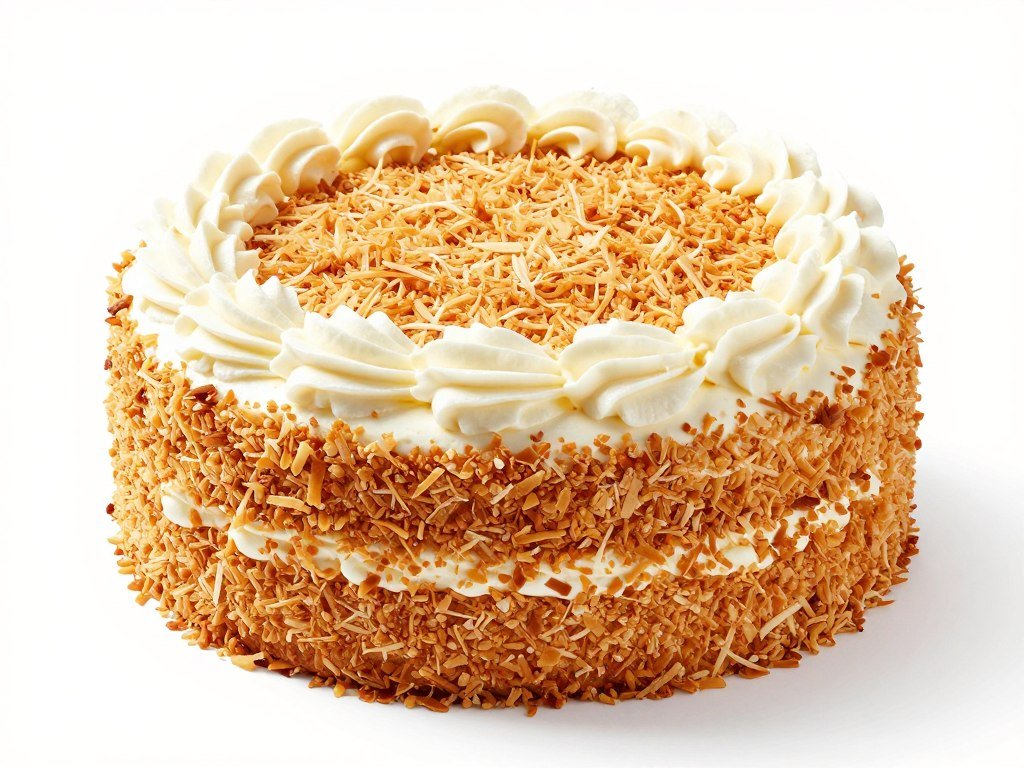 Coconut layer cake with white frosting and coconut flakes