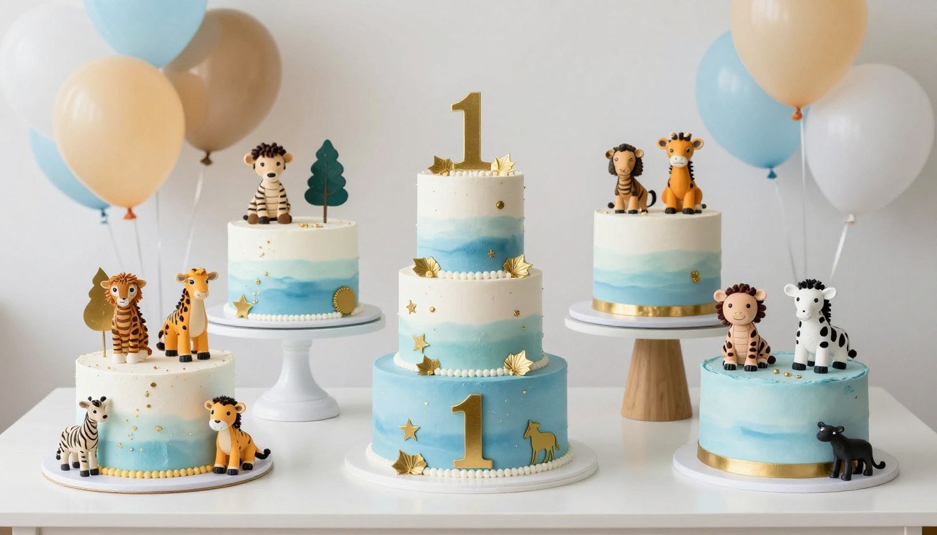 Colorful 1st birthday cake designs for boys displayed on celebration table