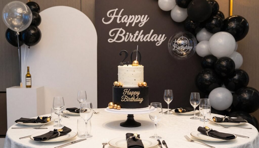 Complete classy birthday celebration setup for men with elegant cake