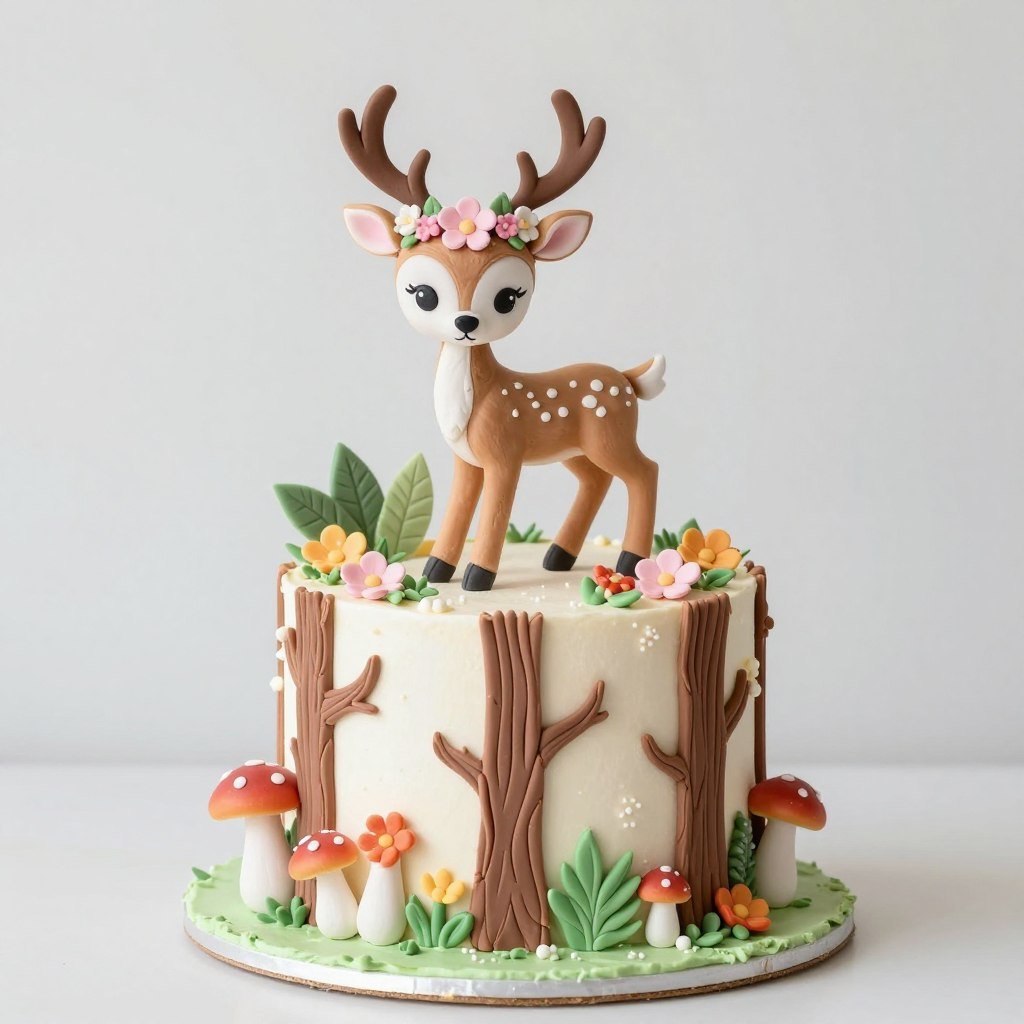 Deer cake with floral crown and forest elements Deer cake with floral crown and forest elements