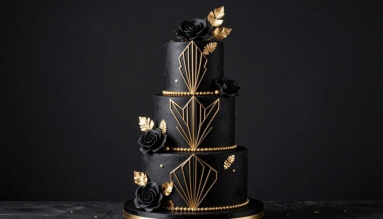 Elegant black birthday cake with gold accents and matte fondant finish