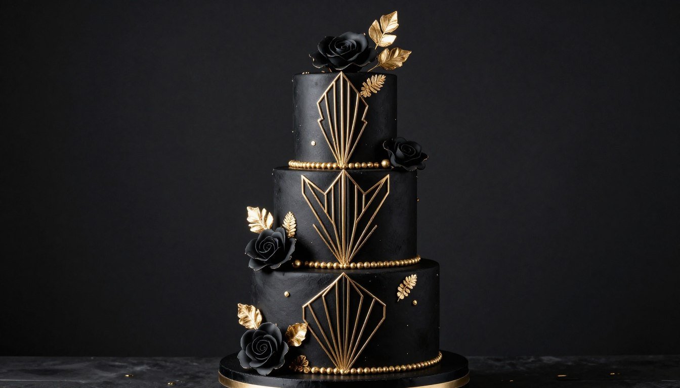 Elegant black birthday cake with gold accents and matte fondant finish