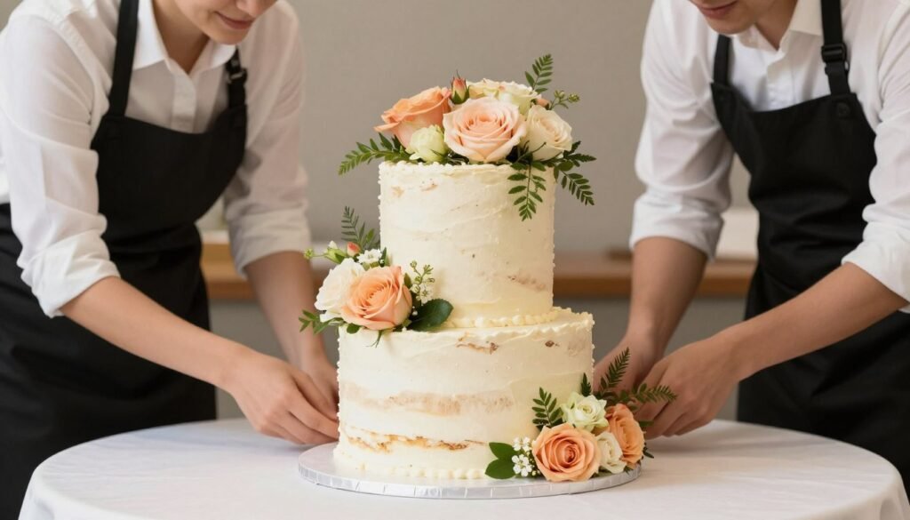Elegant cake decorated with fresh flowers