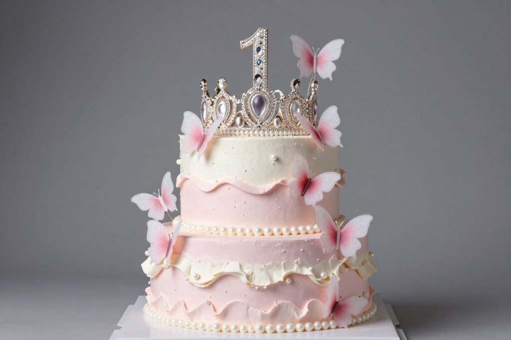 Elegant princess theme cake with tiara and butterflies for baby girl Elegant princess theme cake with tiara and butterflies for baby girl