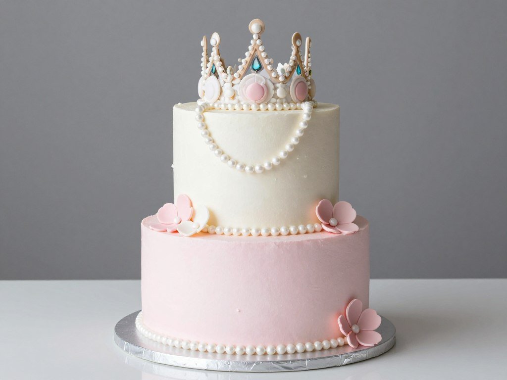 Elegant two-tier cake with princess tiara and pearl details Elegant two-tier cake with princess tiara and pearl details