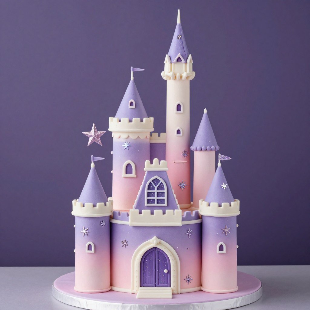 Fairy tale castle cake with purple and pink ombre effect Fairy tale castle cake with purple and pink ombre effect