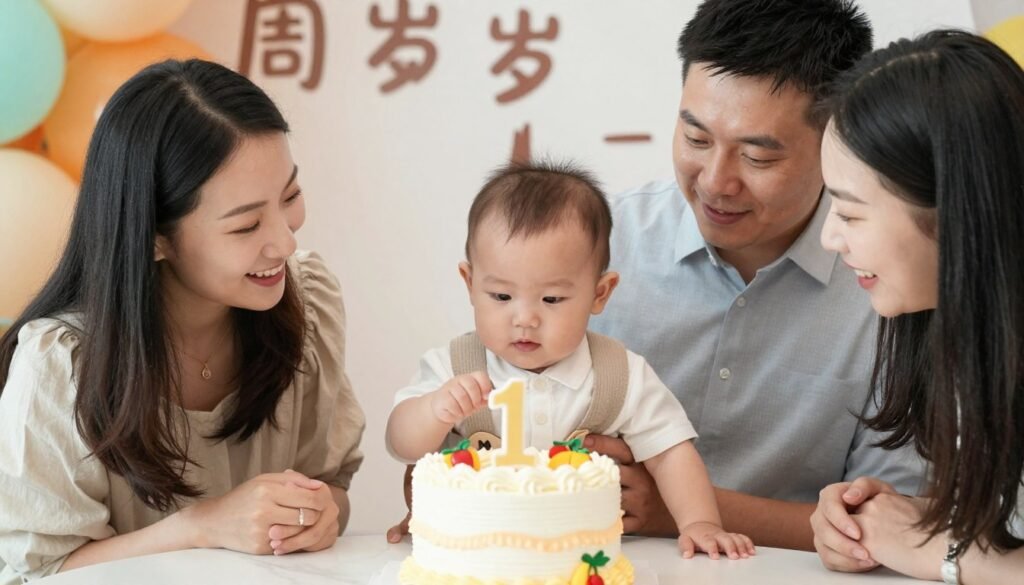 Family celebrating first birthday with beautiful cake Family celebrating first birthday with beautiful cake