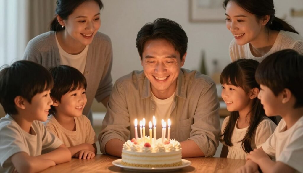 Family celebrating with dad and birthday cake