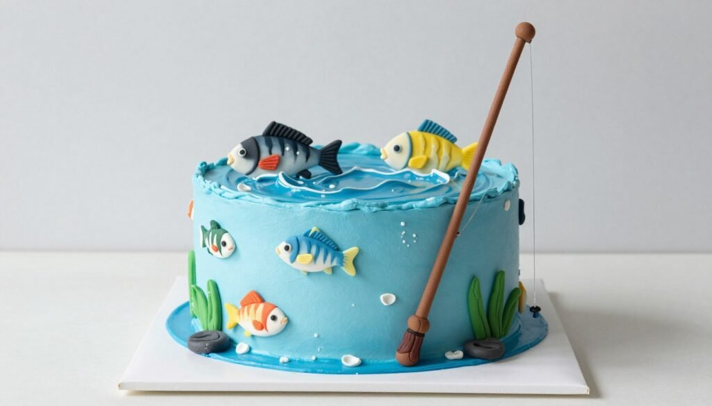 Fishing-themed birthday cake with detailed decorations