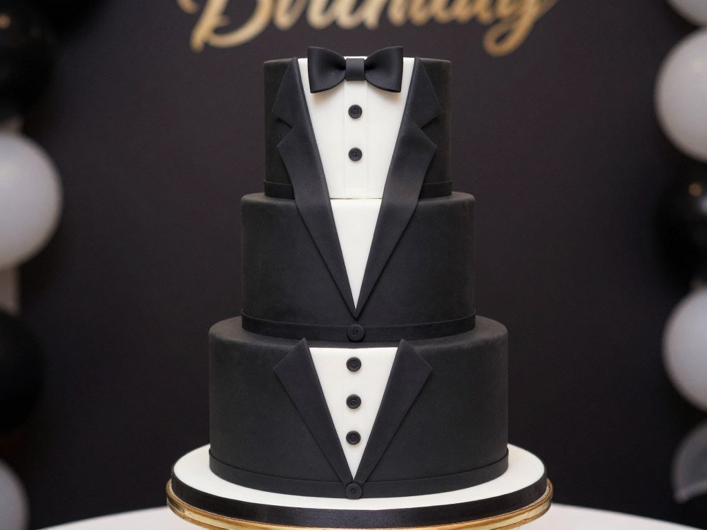 Formal black birthday cake with bow tie and tuxedo elements Formal black birthday cake with bow tie and tuxedo elements